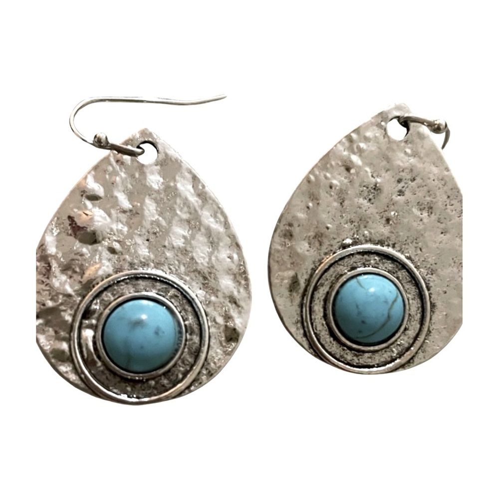 Vintage Boho Turquoise Teardrop Earrings - Silver Tone Hammered Metal
